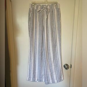 Wide Leg Linen-Blend Stripe Pants - White & Blue